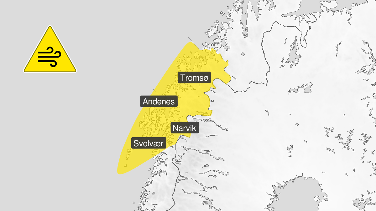Kart over Nord-Norge med gult farevarsel for vind i Troms og nordlige deler av Nordland