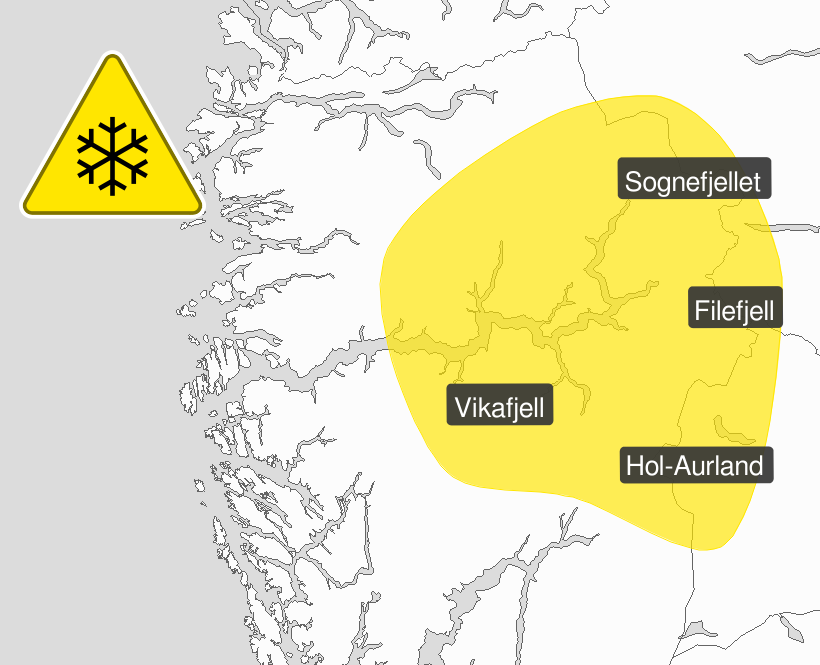Kart over deler av Vestlandet som viser utstrekning av gult farevarsel om snø i fjellet.