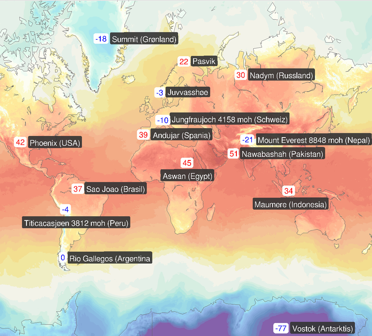 Verdenskart som viser temperaturen ulike steder