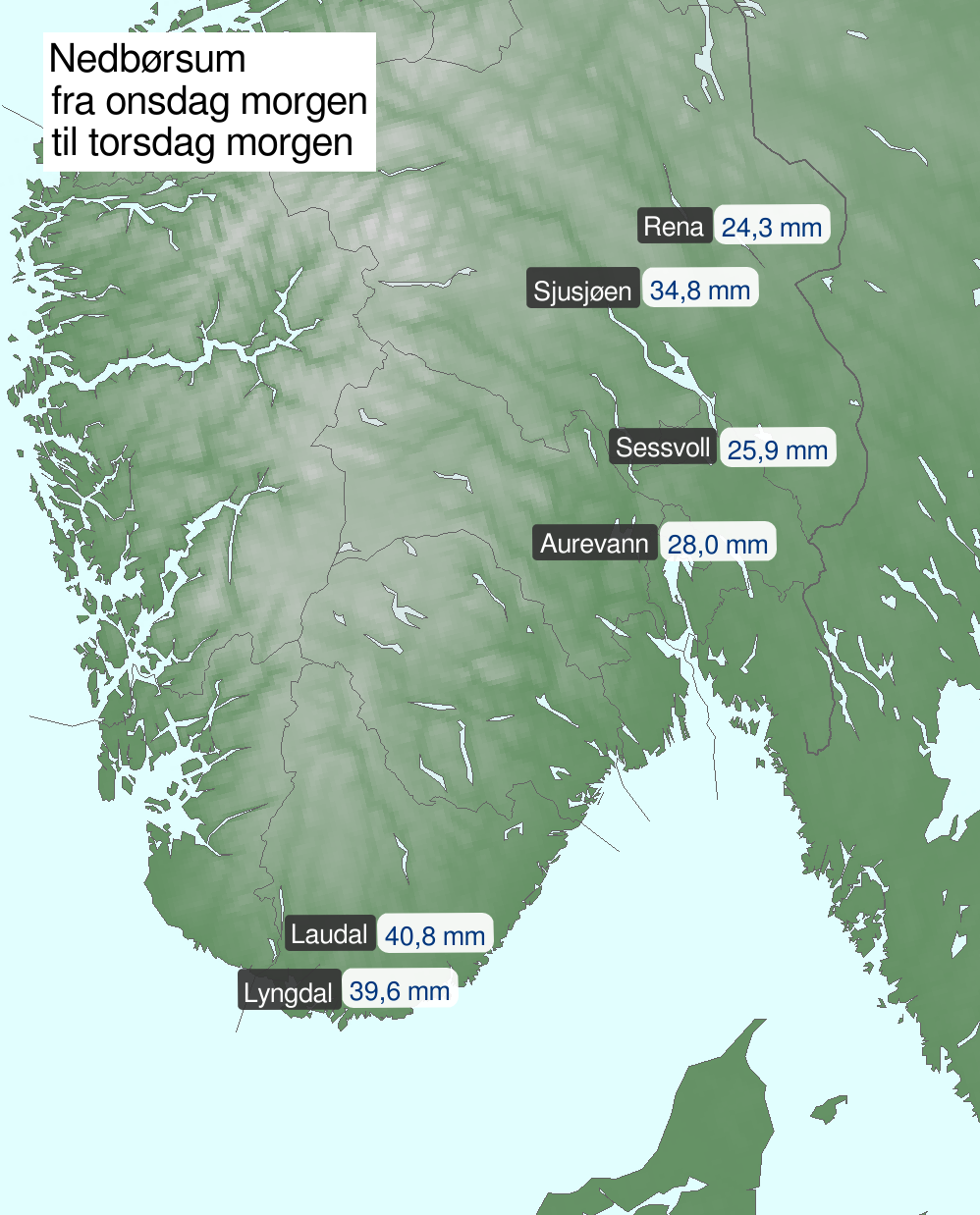 Kart over Sør-Norge sør for Dovre som viser noen steder som fikk mest nedbør fra onsdag morgen til torsdag morgen