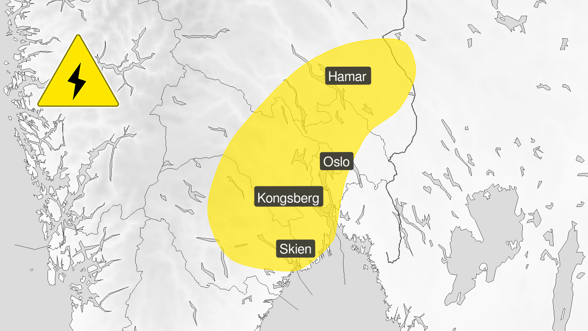 Figur med kart over Østlandet med gult farevarsel for lyn