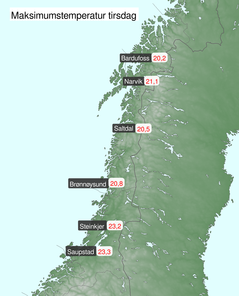 Kart over Trøndelag, Nordland og Troms som viser maksimumstemperatur på utvalgte steder tirsdag.