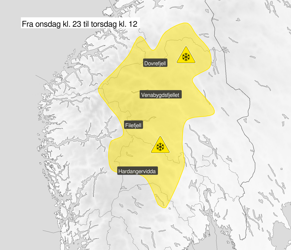 Farevarsel om snø i fjellet i Sør-Norge nord for Hardangervidda.