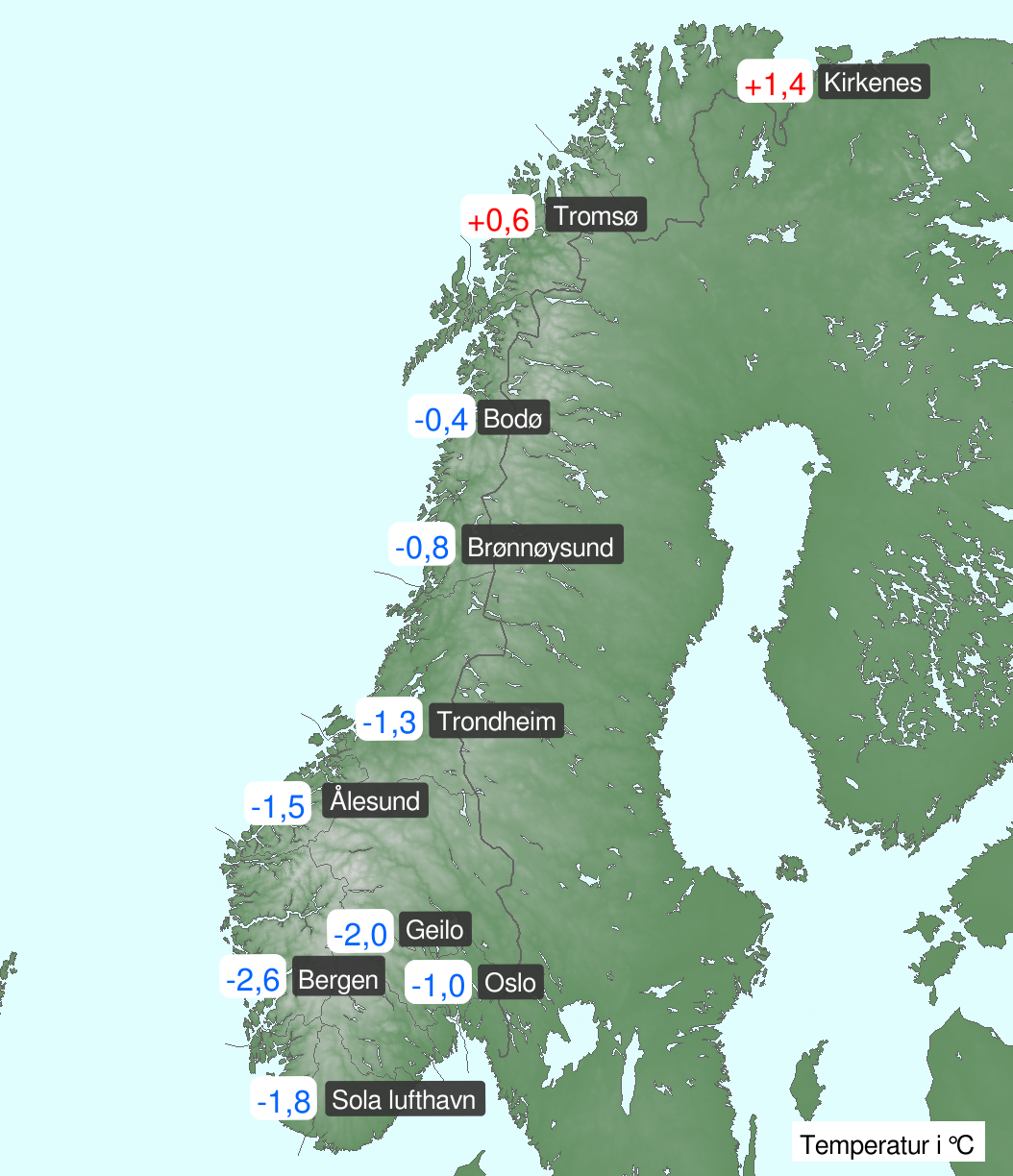 kart som viser temperaturavvik fra normalen så langt i mai