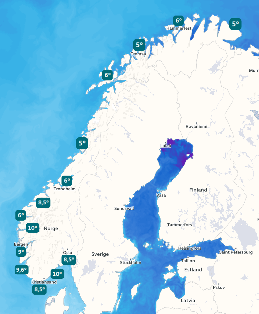 Kart over Norge med badetemperaturer langs kysten.