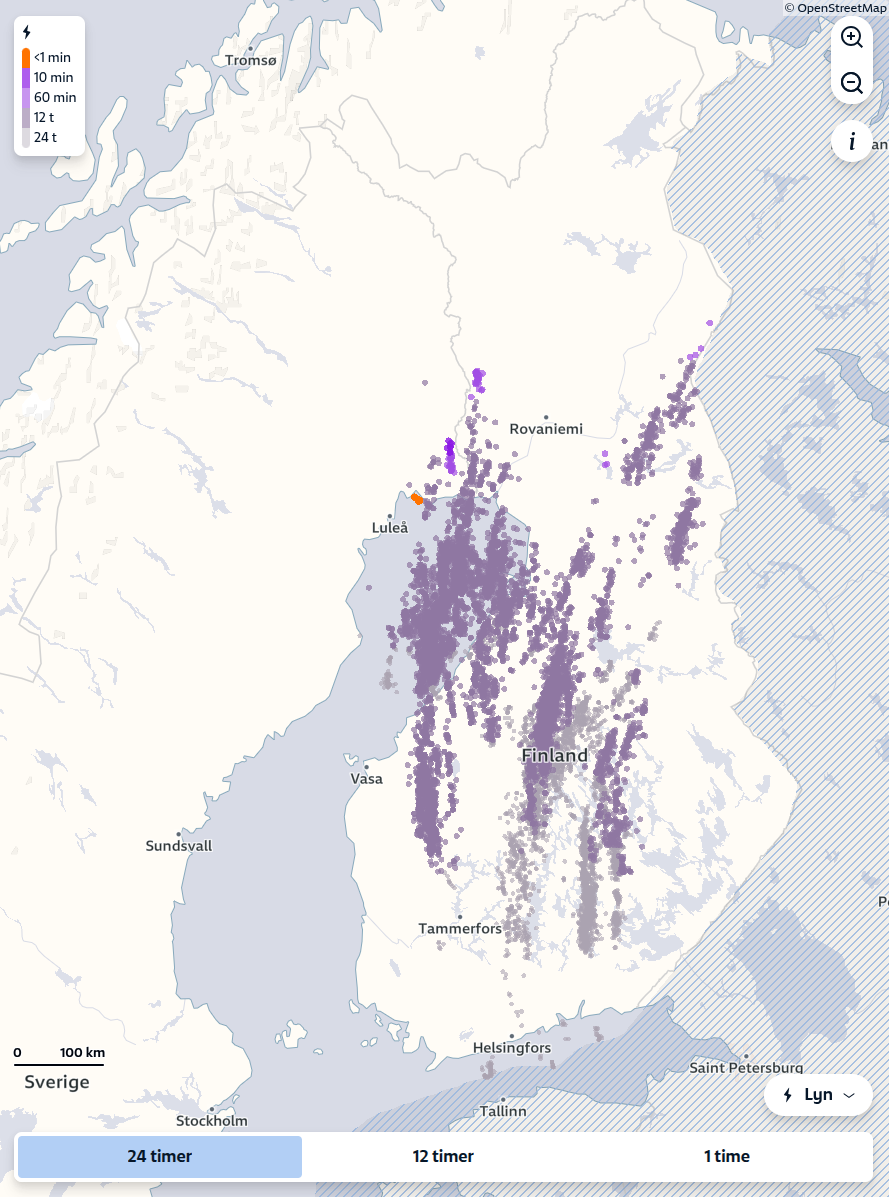 Skjermbilde av lynkartet på yr.no som viser lynregistreringene over Finland siste 24 timer.