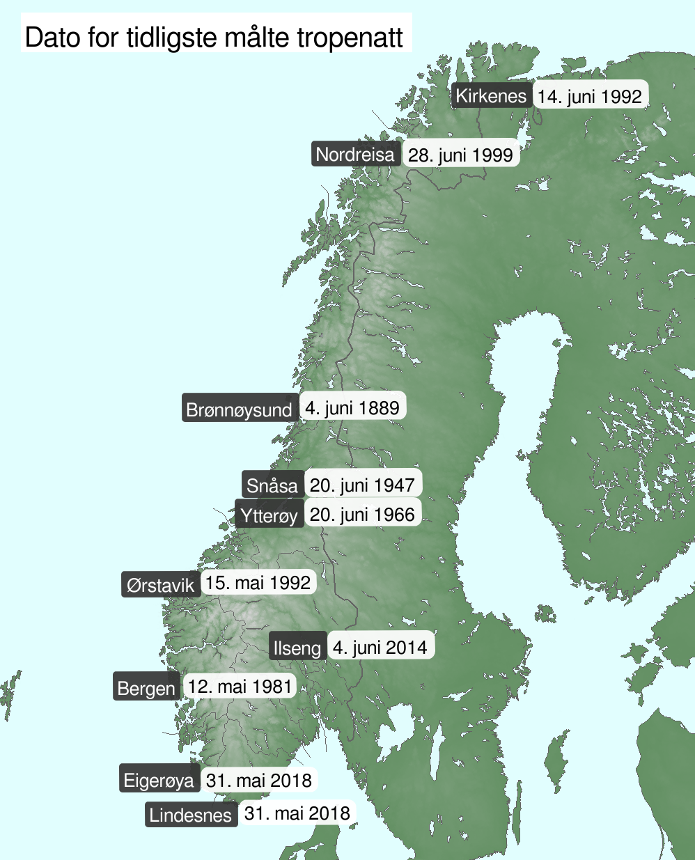 Kart over Norge som viser tidligste forekomst av tropenatt per fylke