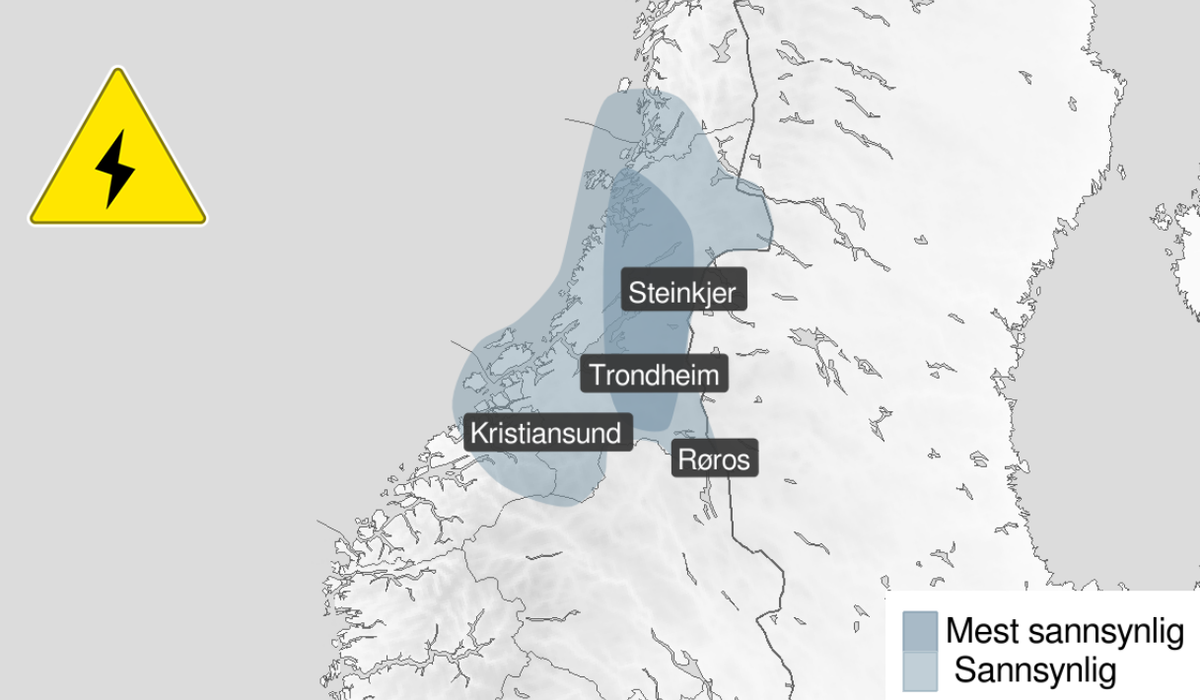 Kart som viser område i Trøndelag med farevarsel for mye lyn