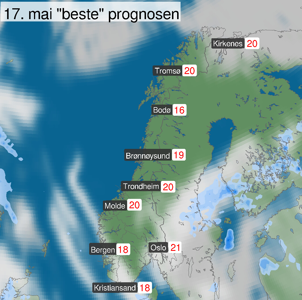 Tørr og varm prognose for 17. mai. Opphold og 20 grader i hele landet