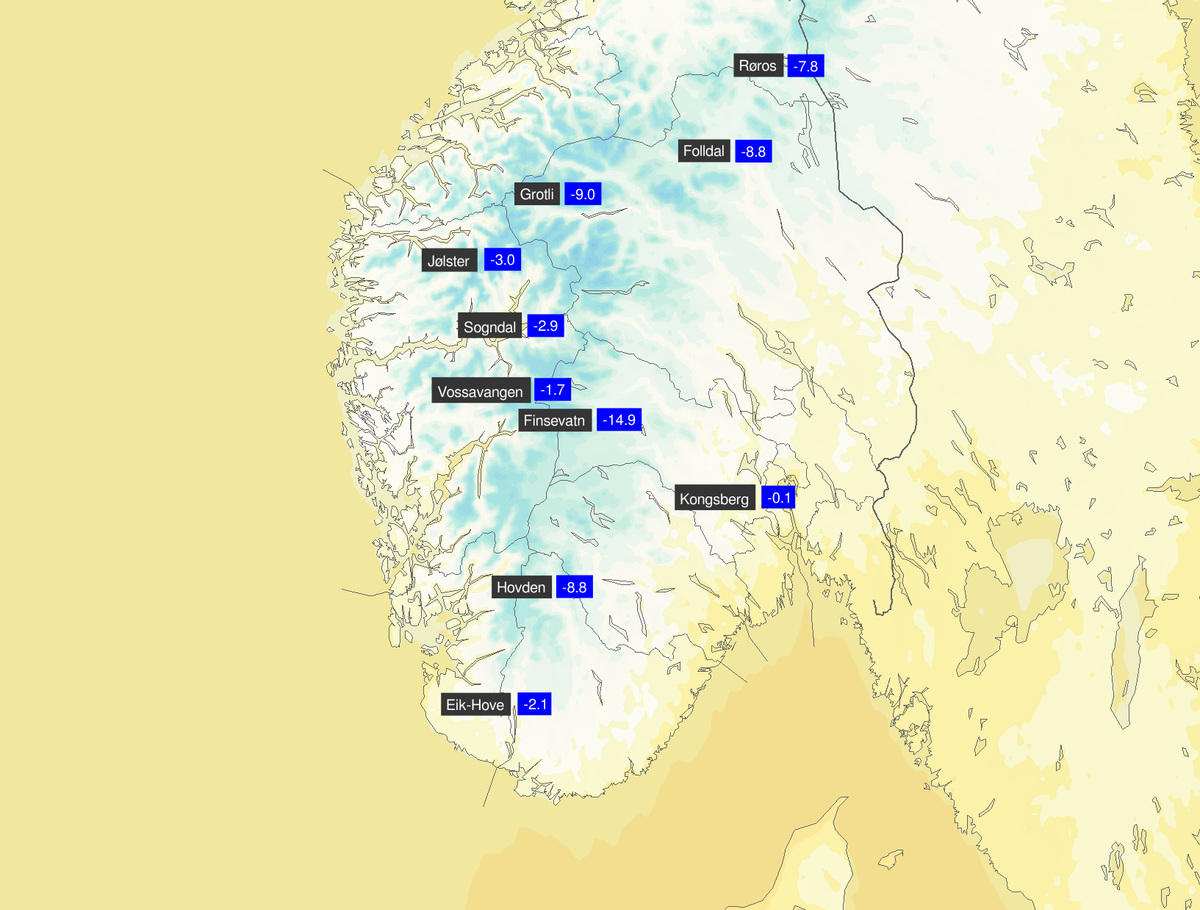 Kart over Sør-Norge med nattefrost