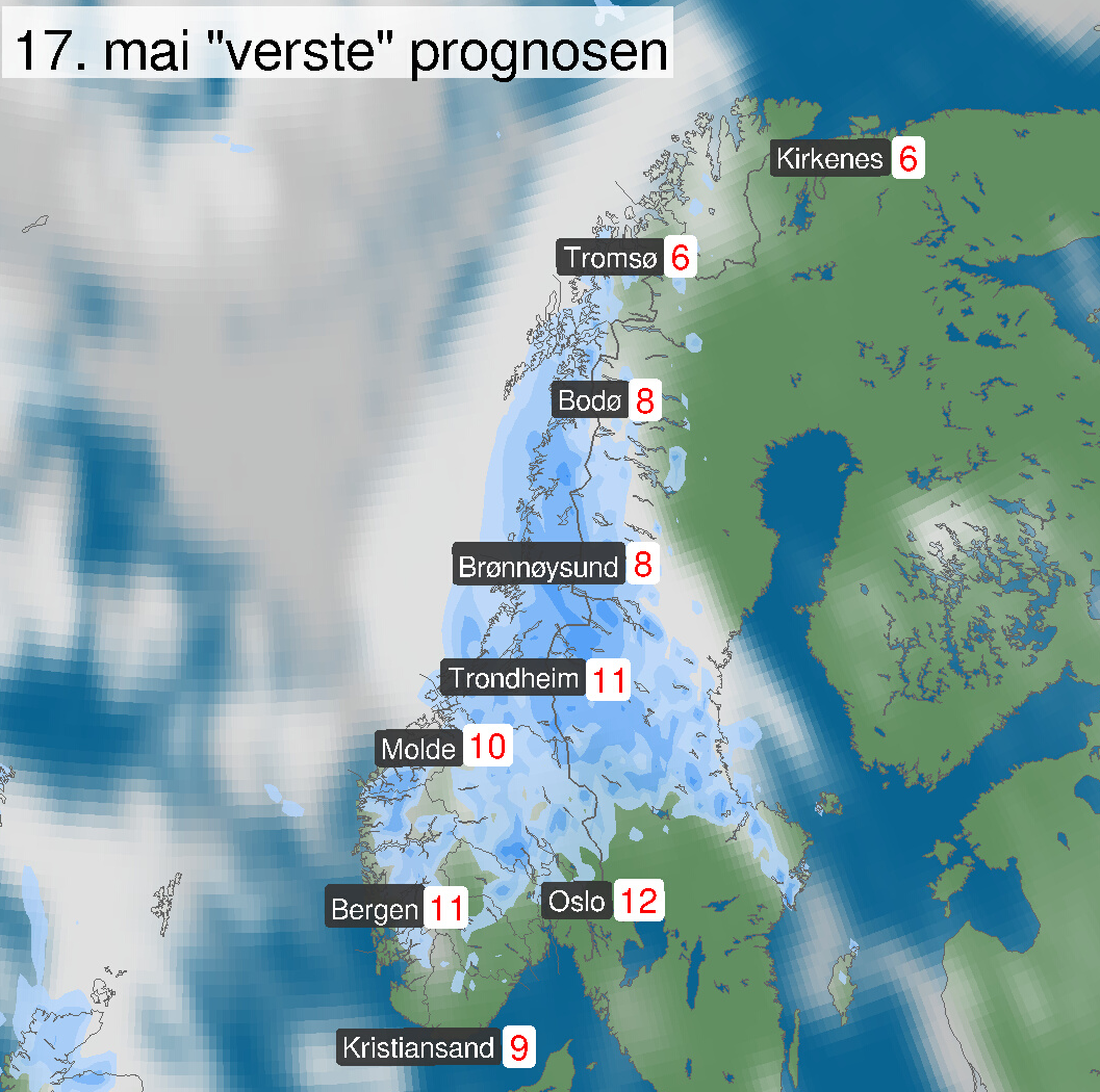 Kald og våt prognose for 17. mai. Regn over det meste av landet og rundt 10 grader.