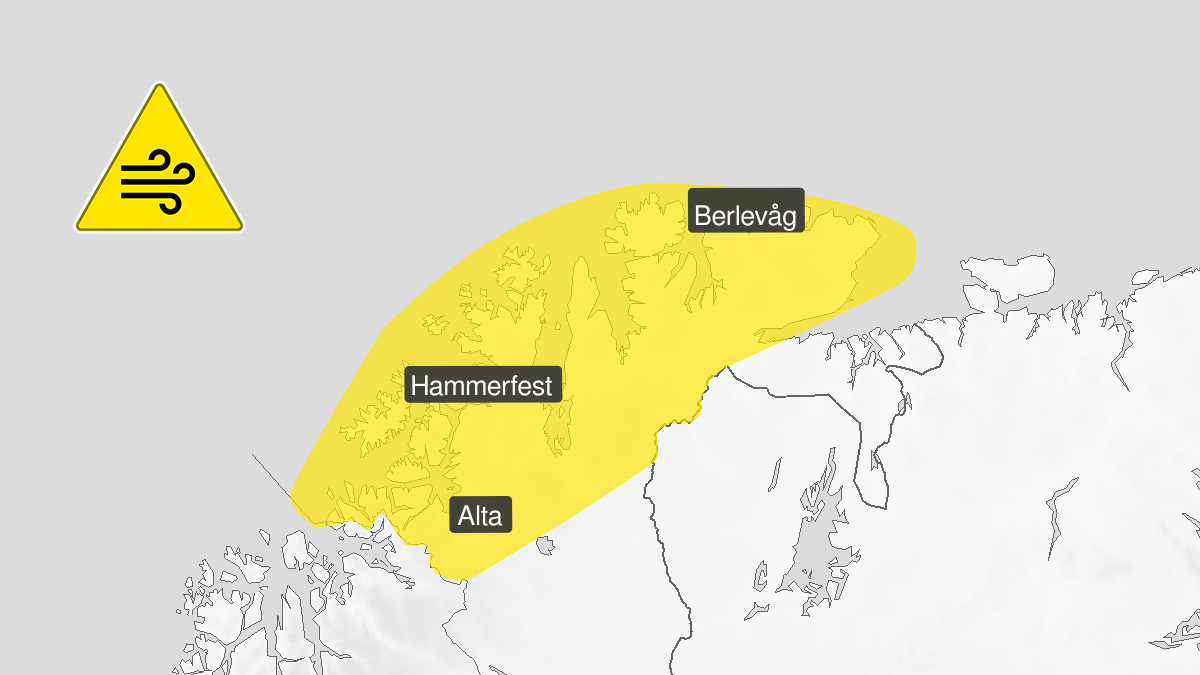 Kart over Finnmark med gult farevarsel for vind deler av Finnmark