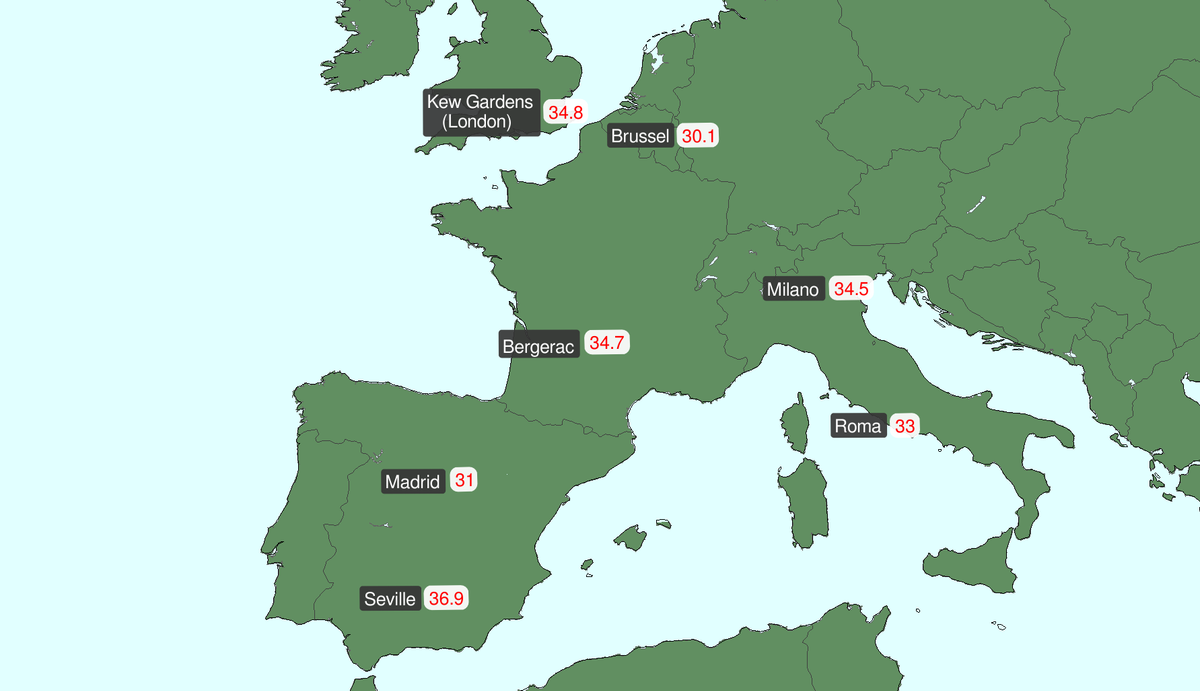 Makstemperaturer i Europa i går