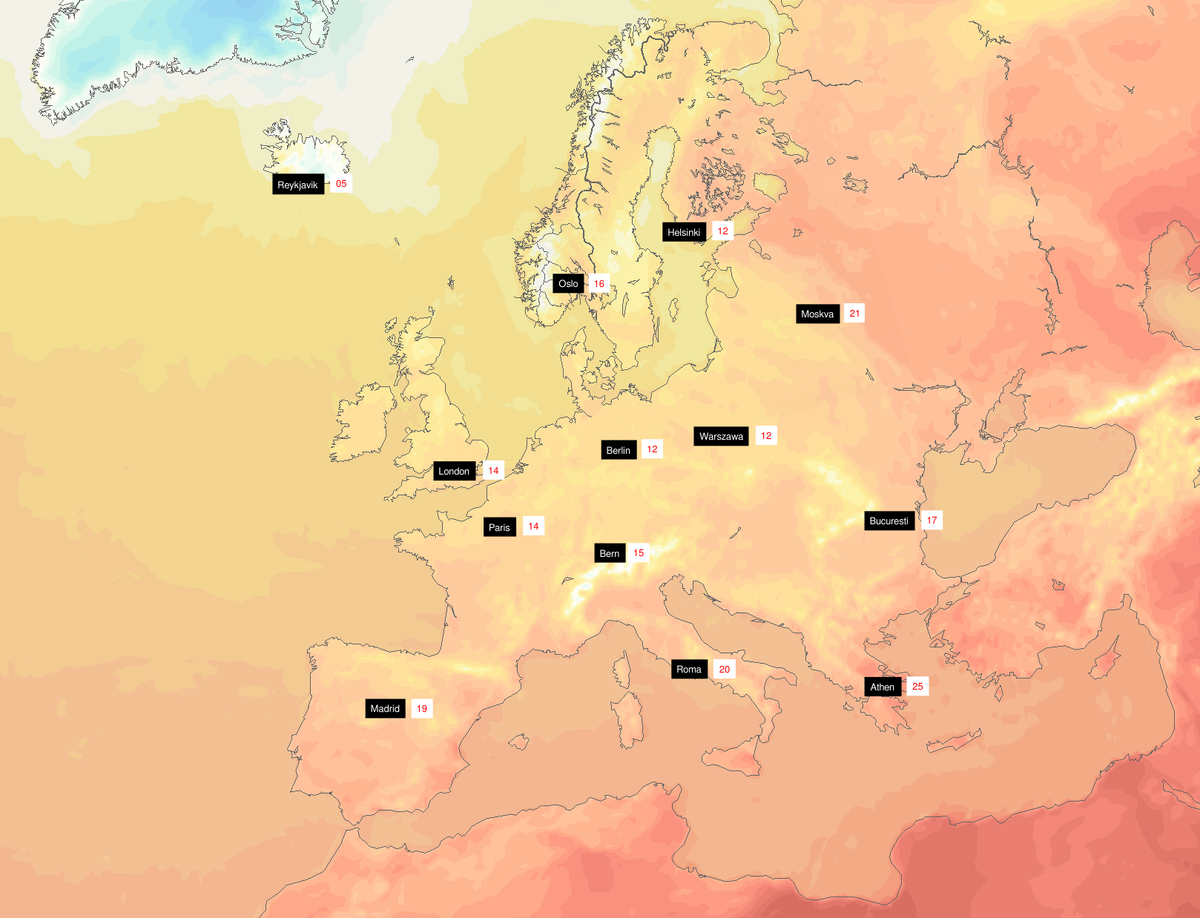 Makstemperaturer i Europa onsdag ettermiddag & stort sett fram til helgen.