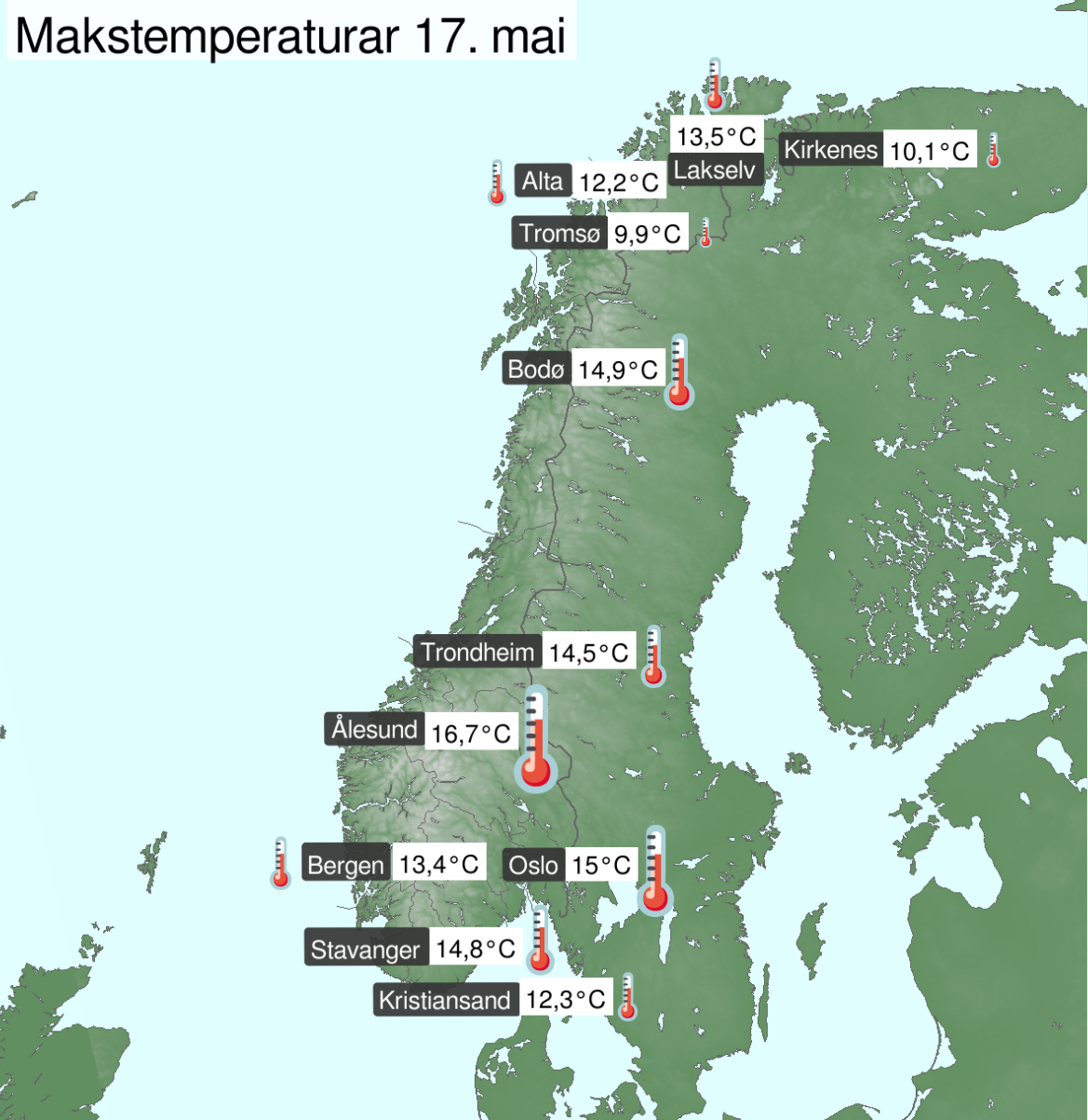 Makstemperaturar for 17. mai