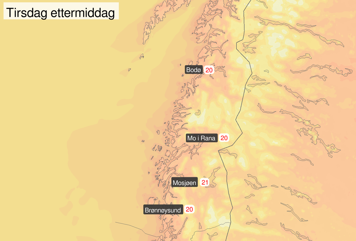 Maksimumstemperatur i Nordland i ettermiddag