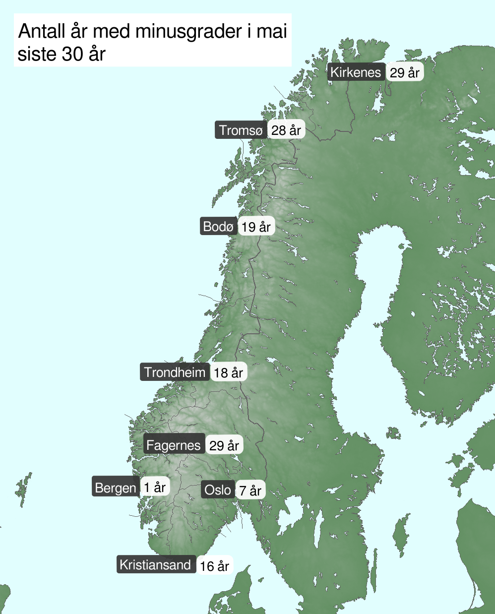 Kart over Norge som viser antall år med minusgrader i mai de siste 30 årene på utvalgte steder i landet.