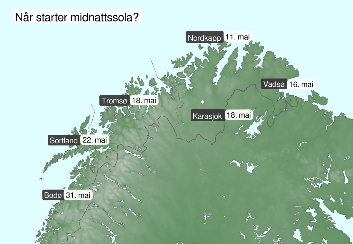 Kart over Nord-Norge som viser dato for når midnattssola starter på utvalgte steder.