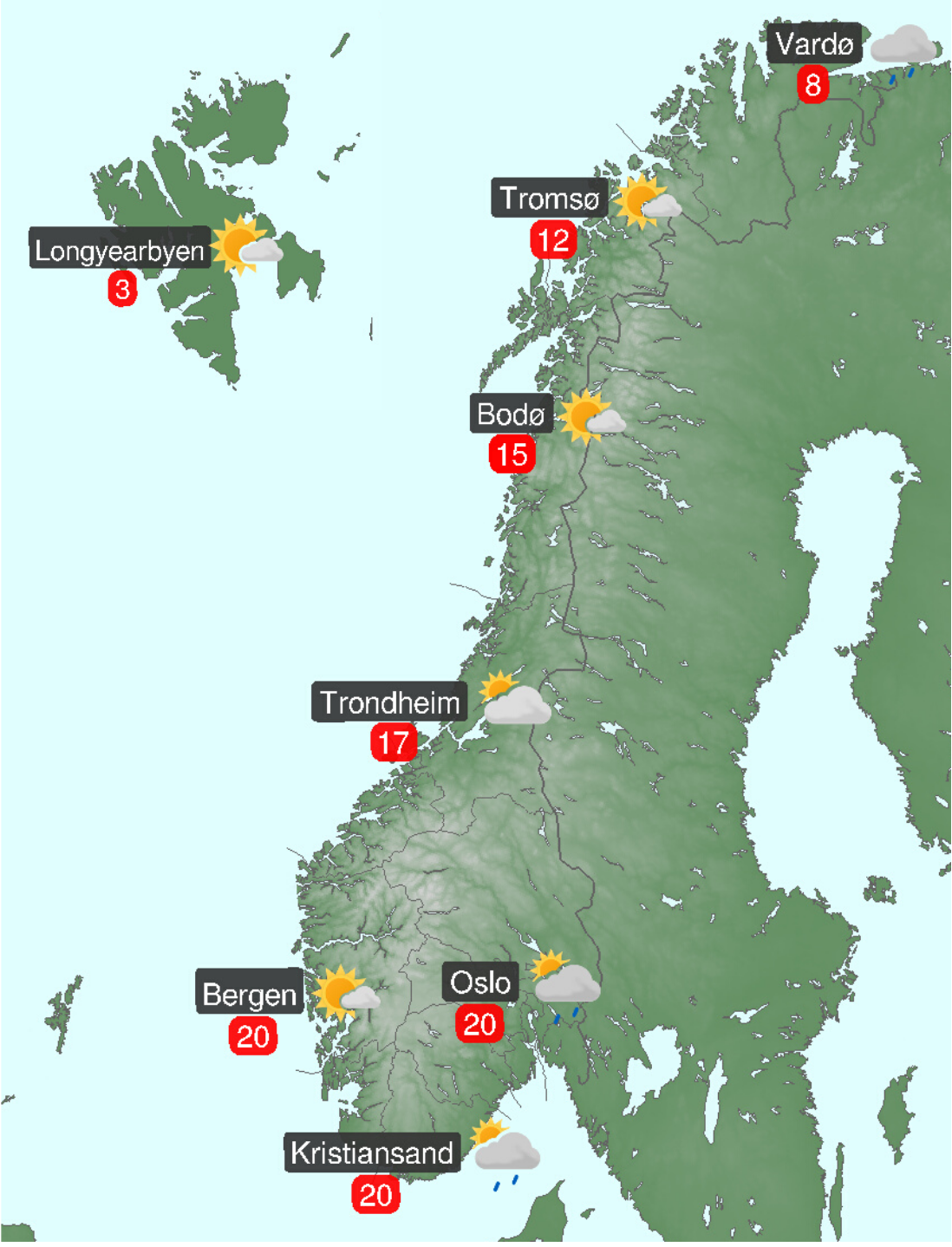 Værkart over Norge for søndag 12.06