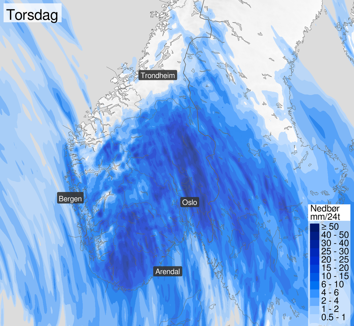 Regn som er ventet i Sør-Norge på torsdag